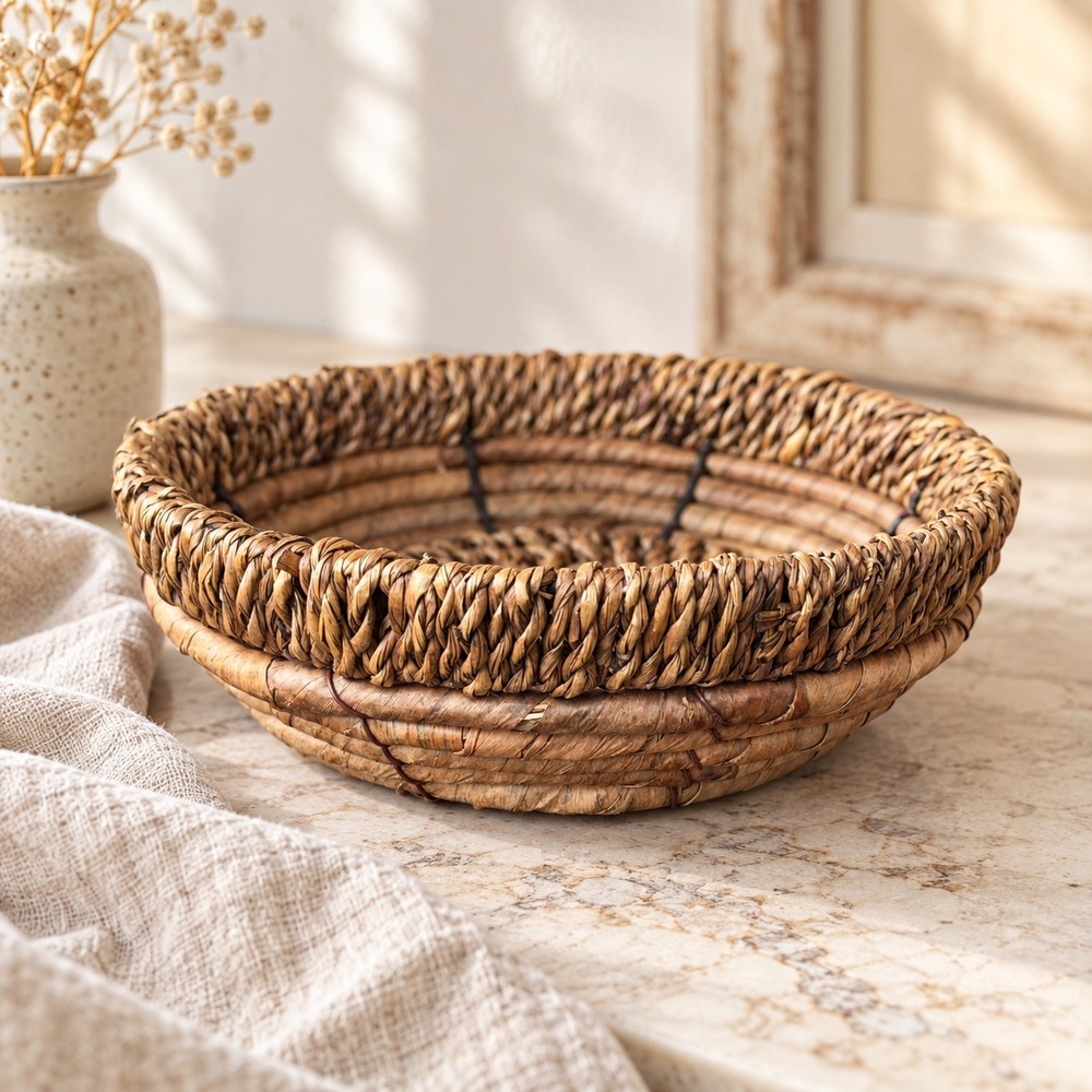 Natural Woven Seagrass Basket Round Decorative Catchall Bowl Rustic Boho Decor